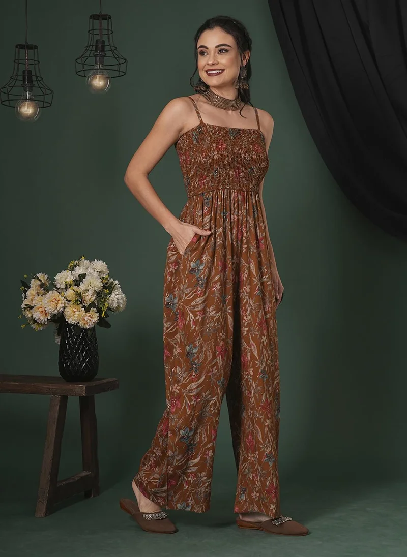 globus Rust Globus Women Square Neck Adjustable Strappy Shoulder Smocked Floral Print Fusion Jumpsuit for Women | Best Price UAE